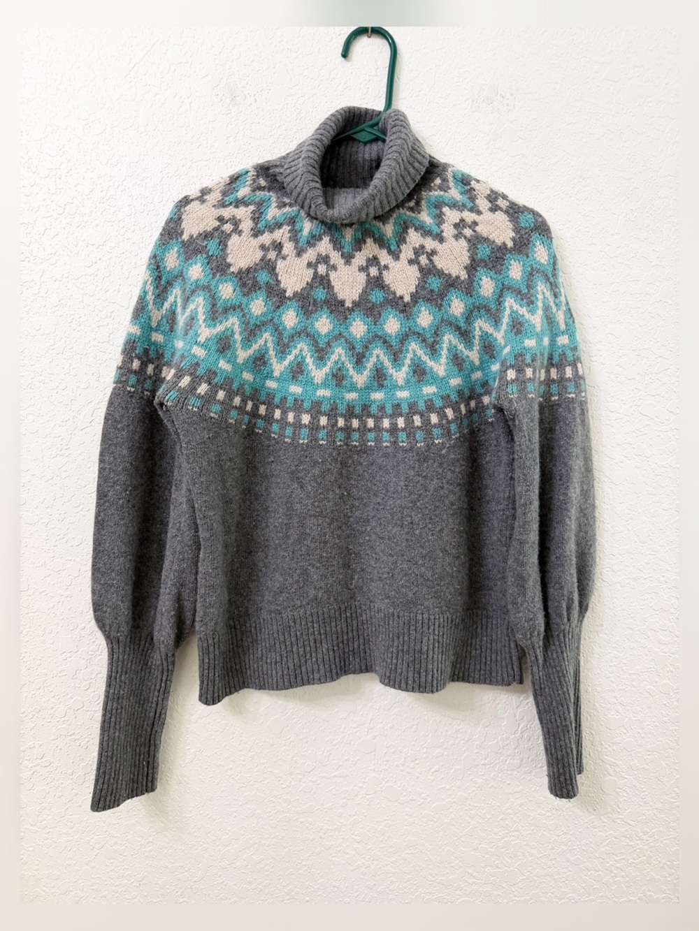 Sundance Grey Turtleneck Fair Isle Sweater Lambswool and Cashmere - L